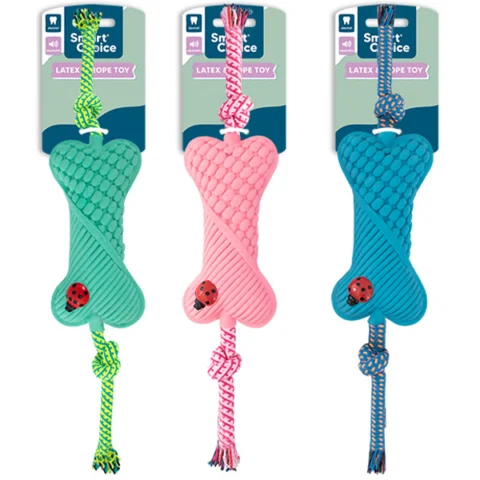 Smart Choice Squeaky Latex & Rope Bone Dog Toy 44cm Assorted
