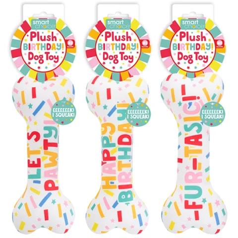 Smart Choice Squeaky Plush Birthday Bone Dog Toy 22cm Assorted