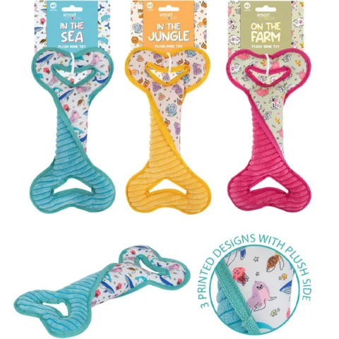 Smart Choice Squeaky Plush Bone Tug Dog Toy 33cm Assorted Colours