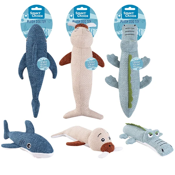 Smart Choice Squeaky Plush Bottle Crinkle Sea Animal Dog Toy 30cm Assorted