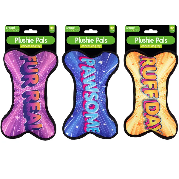 Smart Choice Squeaky Plush Canvas Bone Dog Toy Assorted Colours
