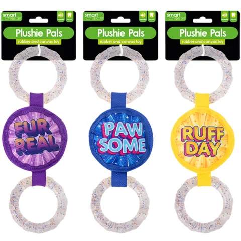 Smart Choice Squeaky Plush Canvas & Rubber Ring Dog Toy 29cm Assorted Colours