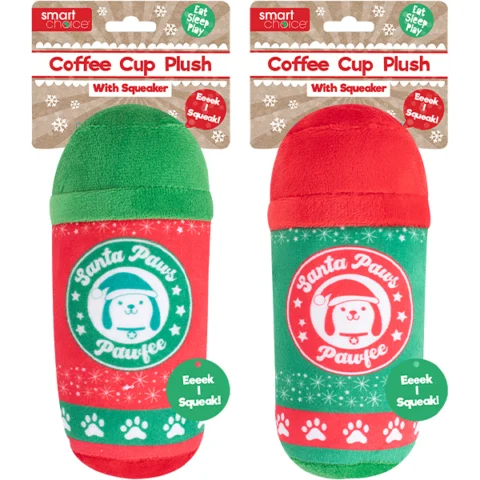 Smart Choice Squeaky Plush Christmas Coffee Cup Dog Toy Assorted