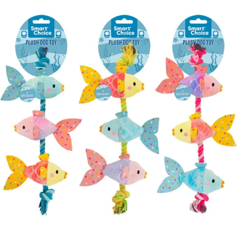 Smart Choice Squeaky Plush Fish On Rope Tug & Pull Dog Toy 39cm Assorted Colours