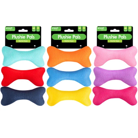 Smart Choice Squeaky Plush Mesh Bone Dog Toy 14cm 3 Pack Assorted Colours