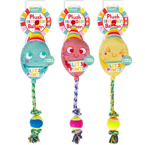 Smart Choice Squeaky Plush Rope Birthday Balloon Dog Toy 40cm Assorted