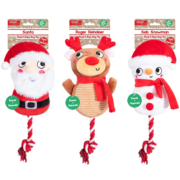 Smart Choice Squeaky Plush & Rope Christmas Dog Toy Assorted