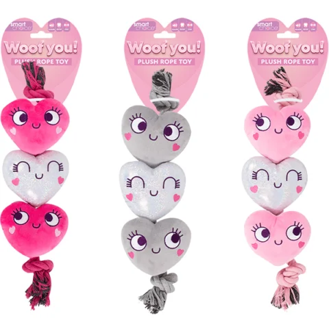 Smart Choice Squeaky Plush Rope Heart Dog Toy 37cm Assorted Colours