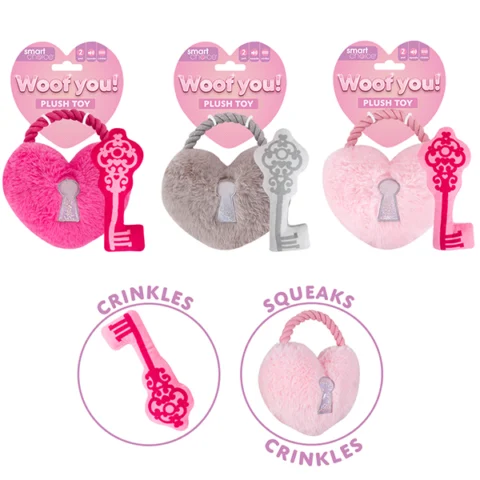 Smart Choice Squeaky Plush & Rope Heart Padlock Dog Toy 2pc Assorted Colours