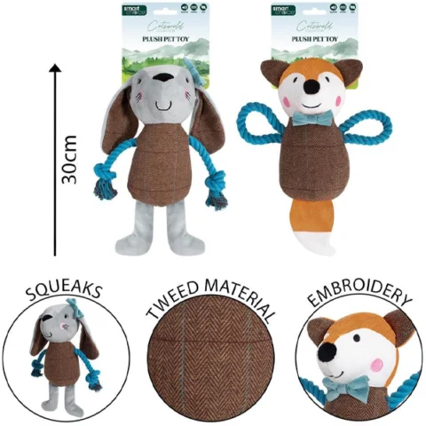 Smart Choice Squeaky Plush & Rope Tweed Rabbit & Fox Dog Toy 30cm Assorted