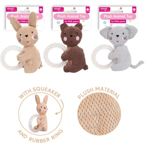 Smart Choice Squeaky Plush & Rubber Ring Animal Puppy Toy 20cm Assorted