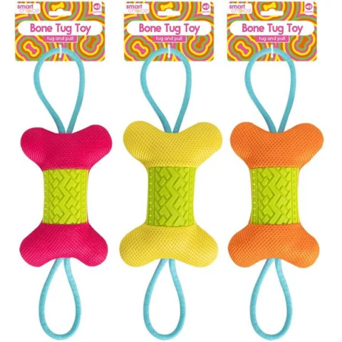 Smart Choice Squeaky Plush Rubber & Rope Tug-and-Pull Bone Dog Toy 45cm Assorted Colours