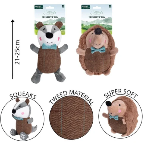 Smart Choice Squeaky Plush Tweed Badger & Hedgehog Dog Toy 25cm Assorted