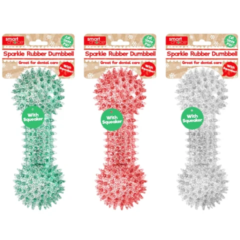 Smart Choice Squeaky Rubber Glitter Christmas Dumbbell Dog Toy Assorted Colours 15.5cm