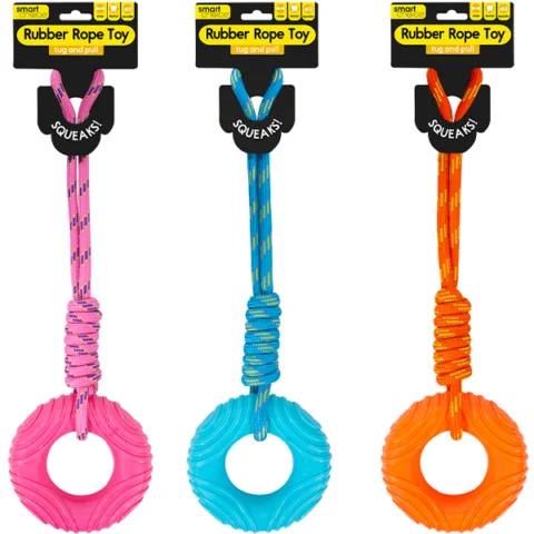 Smart Choice Squeaky Rubber Ring & Rope Dog Toy 44cm Assorted Colours