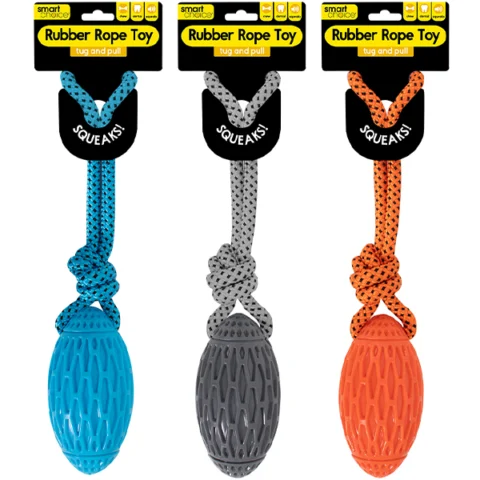 Smart Choice Squeaky Rubber Rope Rugby Ball Dog Toy 41cm Assorted Colours