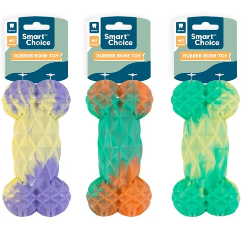 Smart Choice Squeaky Rubber Two-Colour Textured Bone Dog Toy 15cm Assorted Colours
