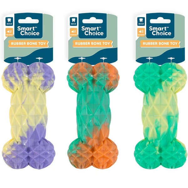 Smart Choice Squeaky Rubber Two-Colour Textured Bone Dog Toy 15cm Assorted Colours