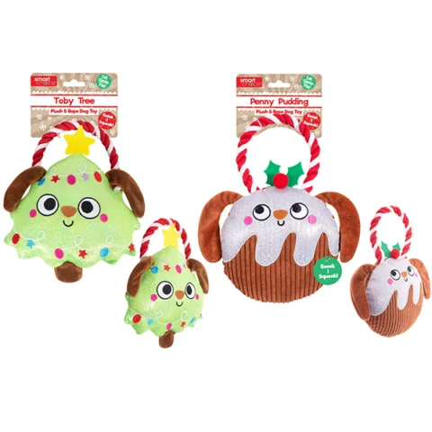 Smart Choice Squeaky Shiny Plush & Rope Christmas Dog Toy Assorted