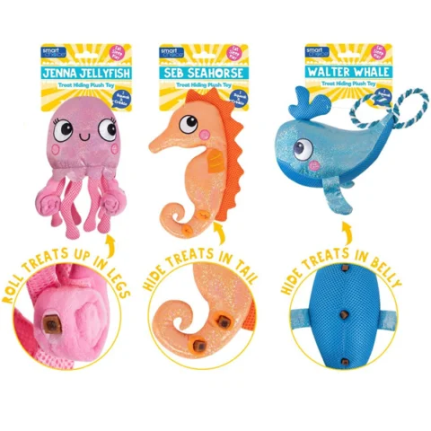 Smart Choice Squeaky Summer Plush Treat Hiding Sea Animal Dog Toy Assorted