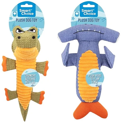 Smart Choice Squeaky Tough Plush Shark & Crocodile Dog Toy 40cm Assorted