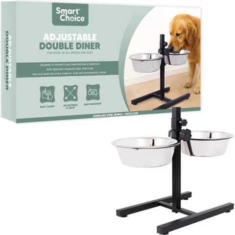 Smart Choice Stainless Steel Adjustable Double Diner Dog Bowl Set