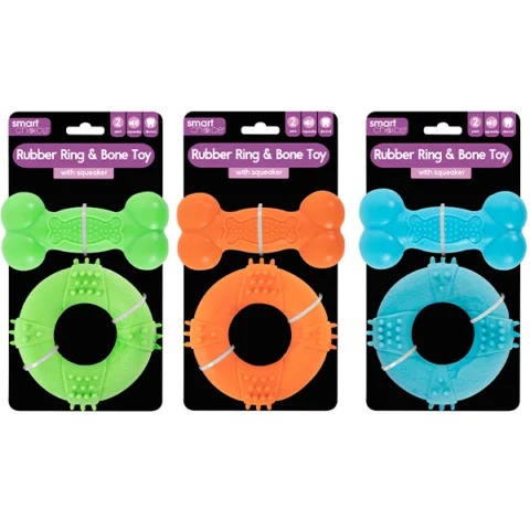 Smart Choice Strong Rubber Ring & Bone Dog Toy 2pc Assorted Colours