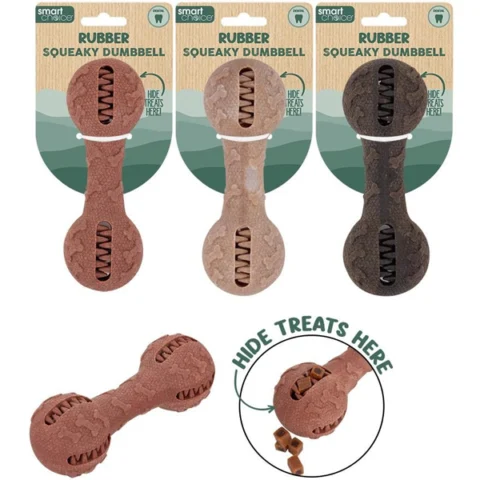 Smart Choice Wood & Rubber Treat-Dispensing Dumbbell Dog Toy 16cm Assorted Colours