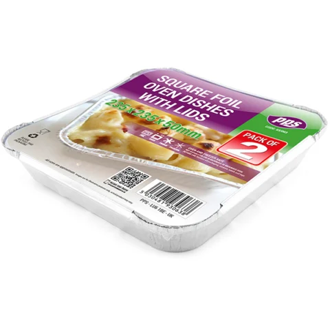 Square Foil Oven Dishes with Lids 23.5cm X 23.5cm X 5cm 2 Pack