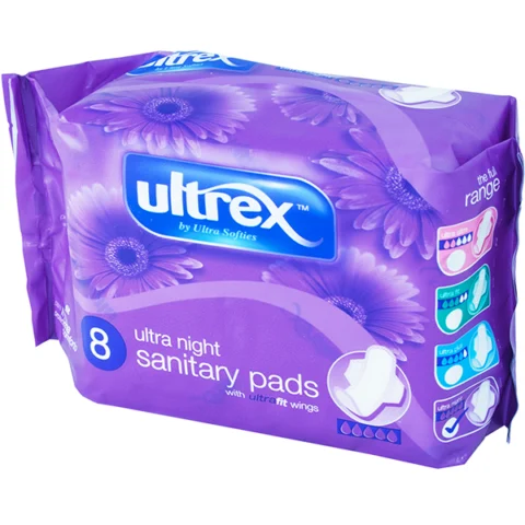 Ultrex Ultra Night Heavy Flow Sanitary Pads with Ultra Fit Wings 8 Pack