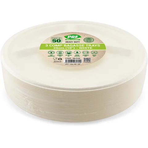 White Biodegradable Bagasse 3 Compartment Trays 26cm 50 Pack