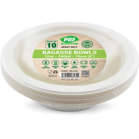 White Biodegradable Bagasse Bowls 340ml 16cm 10 Pack