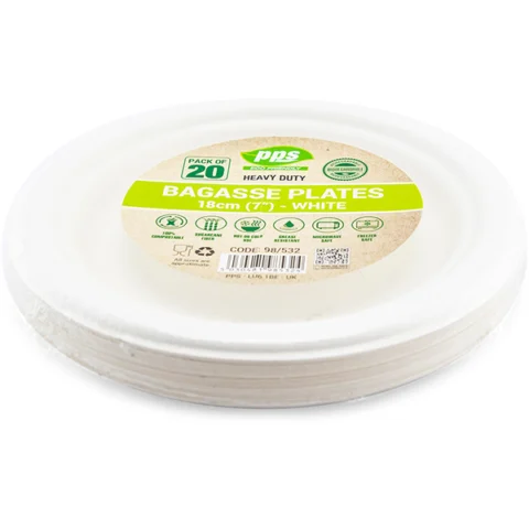 White Biodegradable Bagasse Plates 18cm 20 Pack