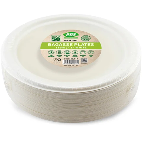 White Biodegradable Bagasse Plates 18cm 50 Pack