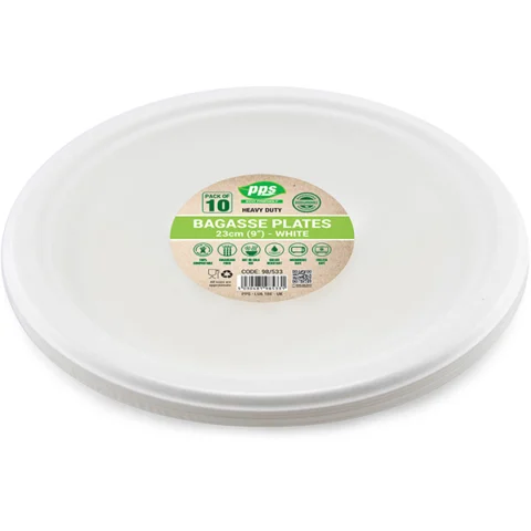 White Biodegradable Bagasse Plates 23cm 10 Pack