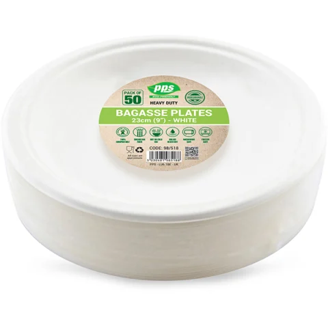 White Biodegradable Bagasse Plates 23cm 50 Pack