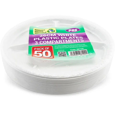 White Plastic 3 Compartment Plates 26cm 50 Pack