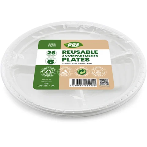 White Plastic 3 Compartment Reusable Plates 26cm 6 Pack