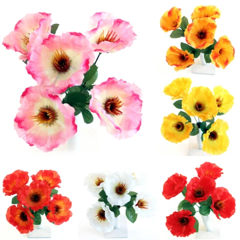 Wild Poppy Bush Artificial Flower Stems 5pc Assorted Colours