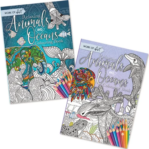 Work of Art A4 Relaxing Animals & Oceans Colouring Book Assorted