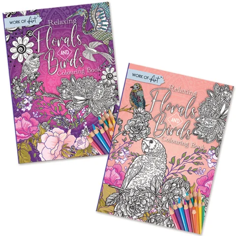 Work of Art A4 Relaxing Florals & Birds Colouring Book Assorted