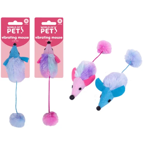 World Of Pets Furry Vibrating Mouse Cat Toy Assorted Colours 18cm
