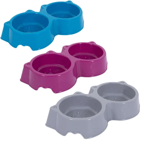 World Of Pets Plastic Double Cat Face Pet Bowl 200ml Assorted Colours
