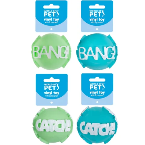 World Of Pets Squeaky Vinyl Word Ball Dog Toy 8cm Assorted
