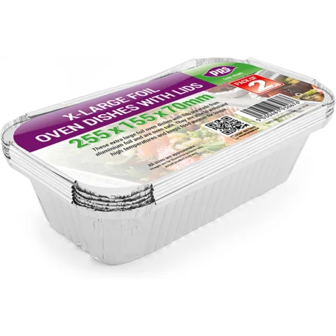 XL Foil Oven Dishes with Lids 25.5cm X 15.5cm X 7cm 2 Pack